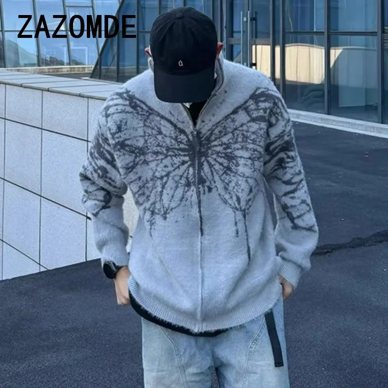 ZAZOMDE Winter Vintage Butterfly Graphic Zip Up Cardigan Man Y2k Streetwear Oversized Knitted Sweater Jacket Long Sleeve Tops