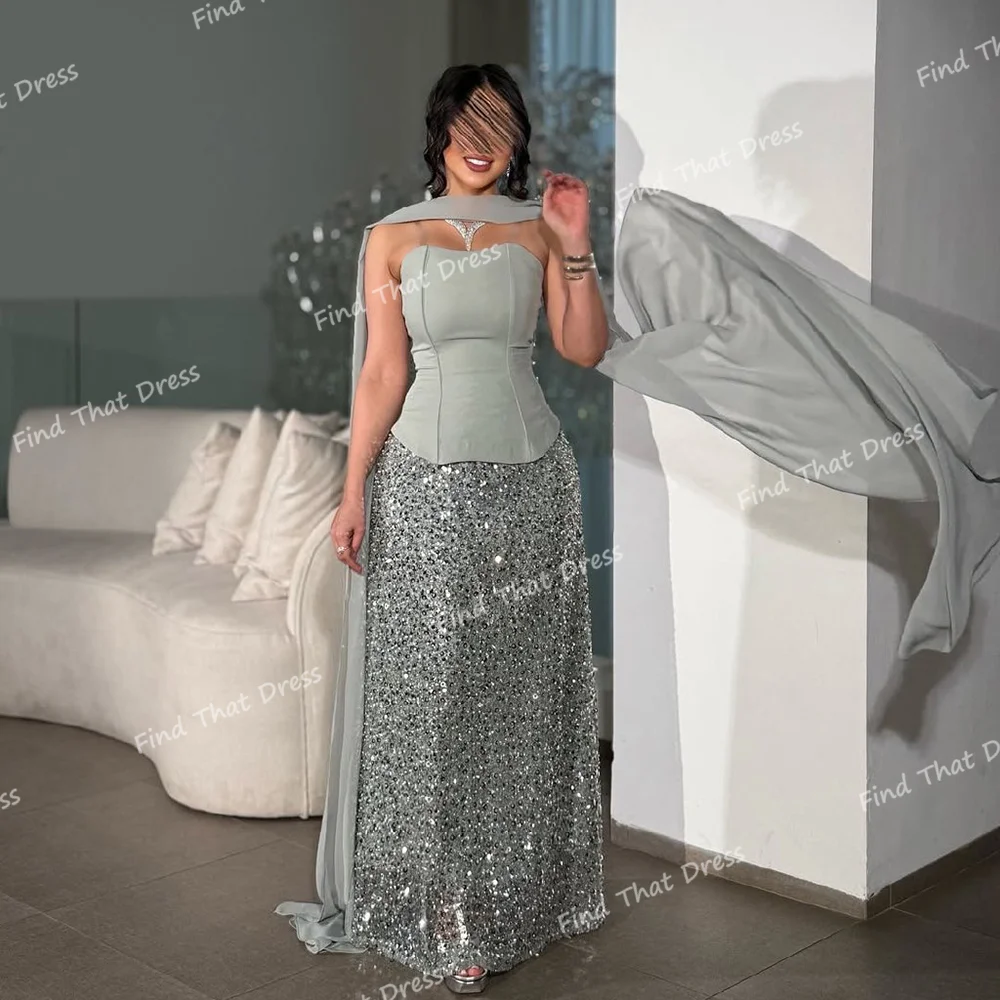

Custom Made Shiny Two-Pieces Sheath Saudi Dress Backless Floor Length Evening Dress with Sequins فساتين سهره