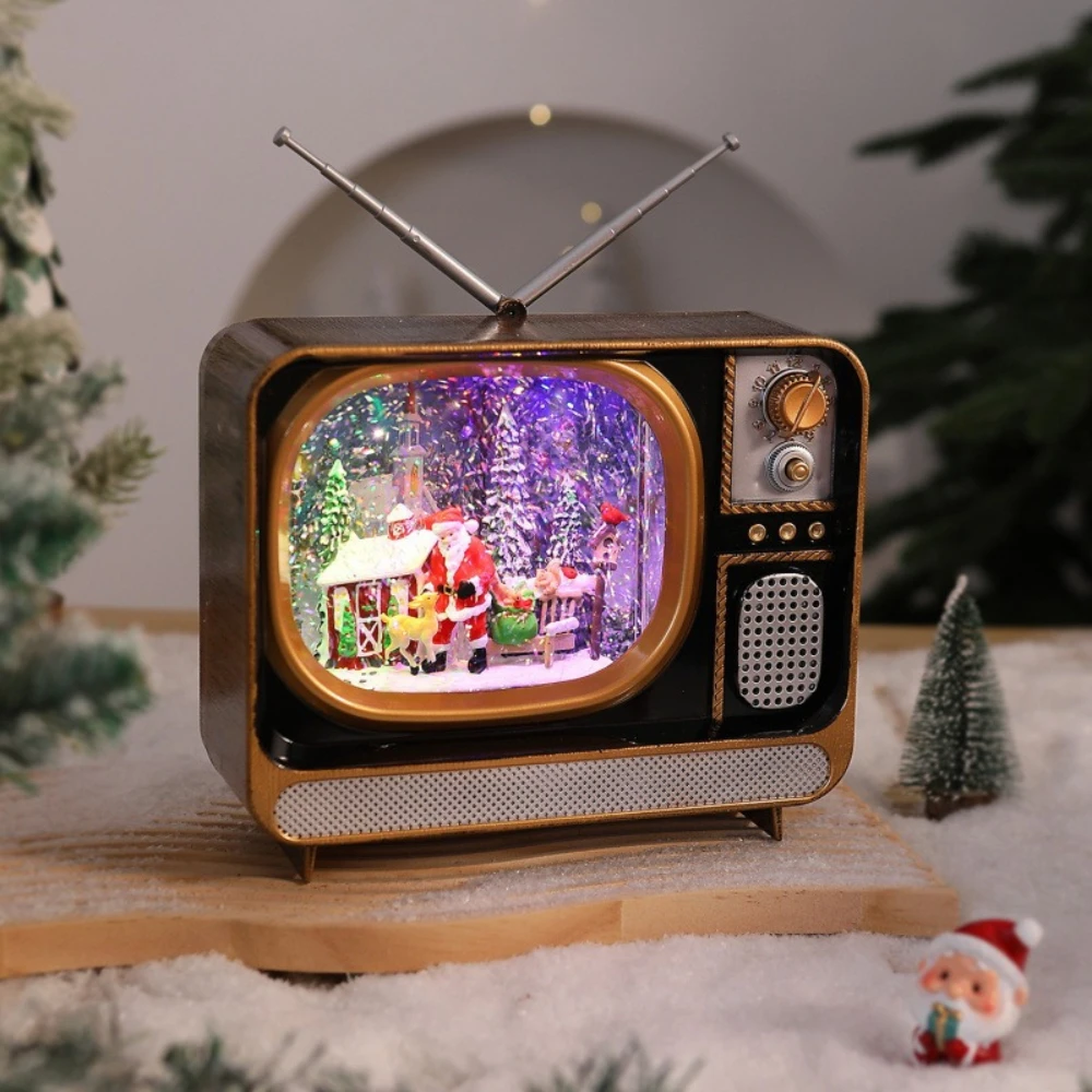 Christmas Retro TV Light Snowfall Music Box Santa Claus Gift Window Display Christmas Tree Decoration Adjustable Lighting
