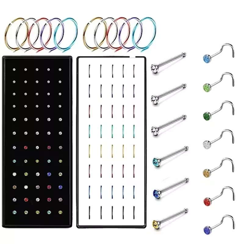 40/60PC Set Fashion Crystal C Shape Nose Ring Stainless Steel Multicolor Bend Nose Stud for Women Aro Nariz Anneau Nez Piercing