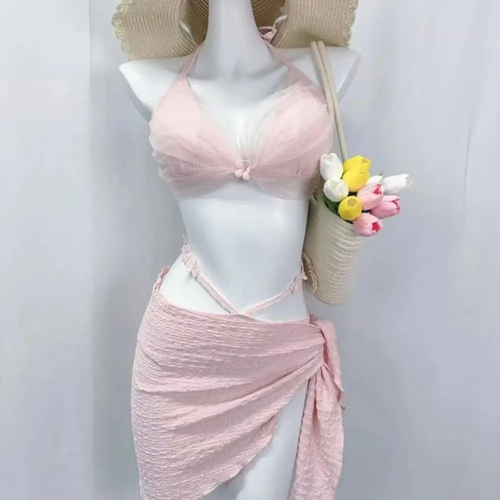 New Sleeveless Bikini Set Slim Fit Lace Up 3-pieces Swimsuit Mesh Deep-V Bathing Suit Swim