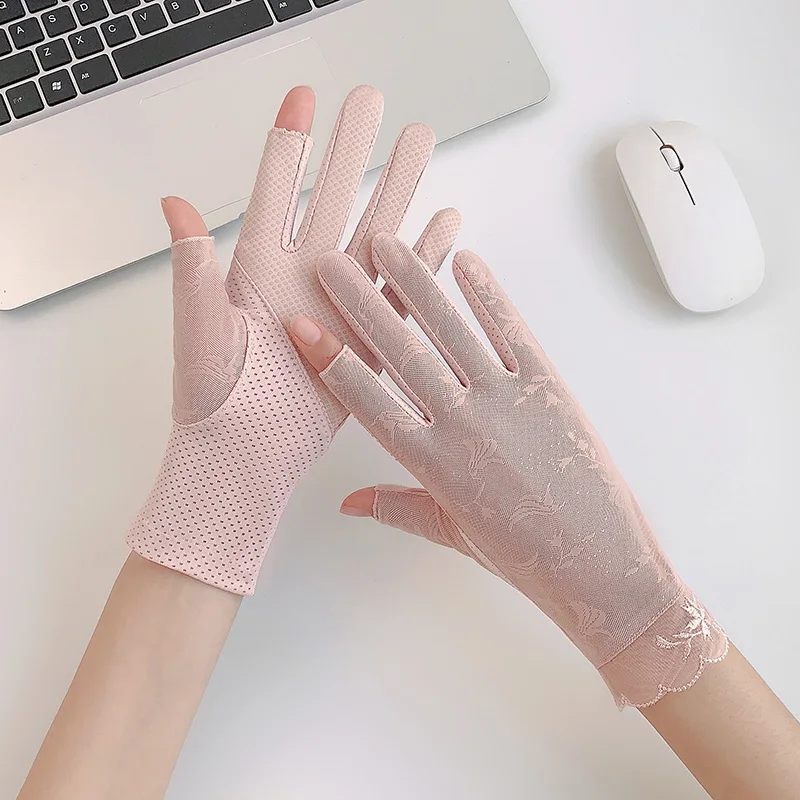 

Women Summer Sexy Lace Embroidery Ice Silk Sunscreen Anti-UV Thin Cycling Drive Breathable Non-Slip Elasticity Soft Gloves