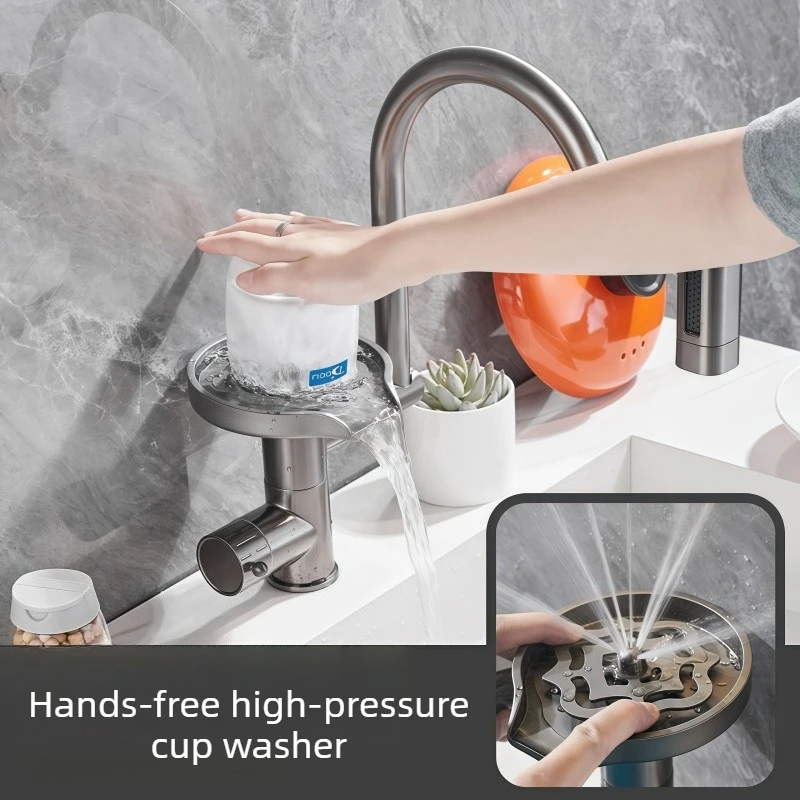 Kitchen Sink with Cup Washer Faucet Integrated High-Pressure Dish Basin Cup Rinsing Magic Tool Automatic Pressing Self-Rotating