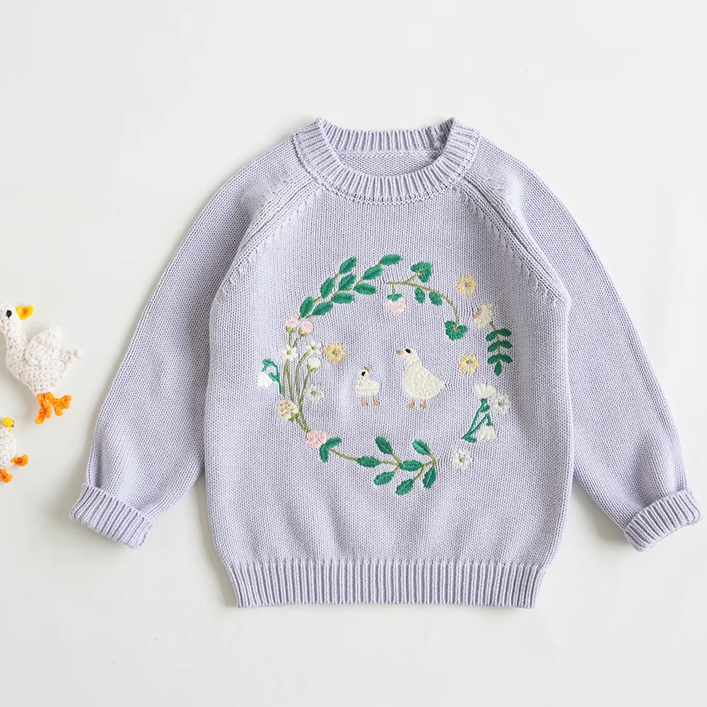 fall winter sweaters baby girls clothes Cartoon small animal embroidered flower wreath pattern light purple knitted pullover