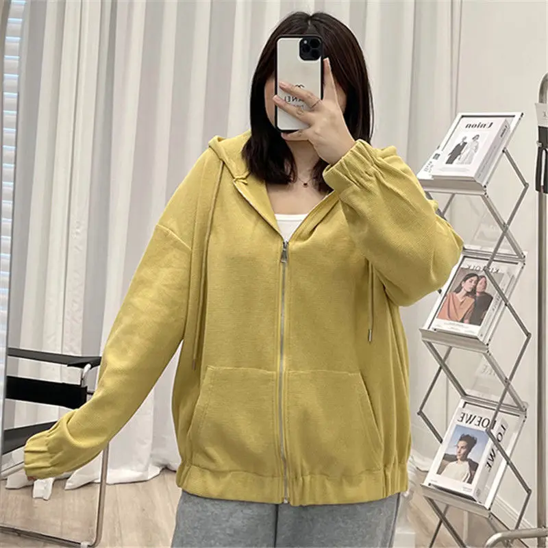 Sudadera con capucha de talla grande para mujer, chaqueta holgada informal con estampado de gofres, cárdigan elegante de color liso, moda coreana, novedad de Otoño de 2022