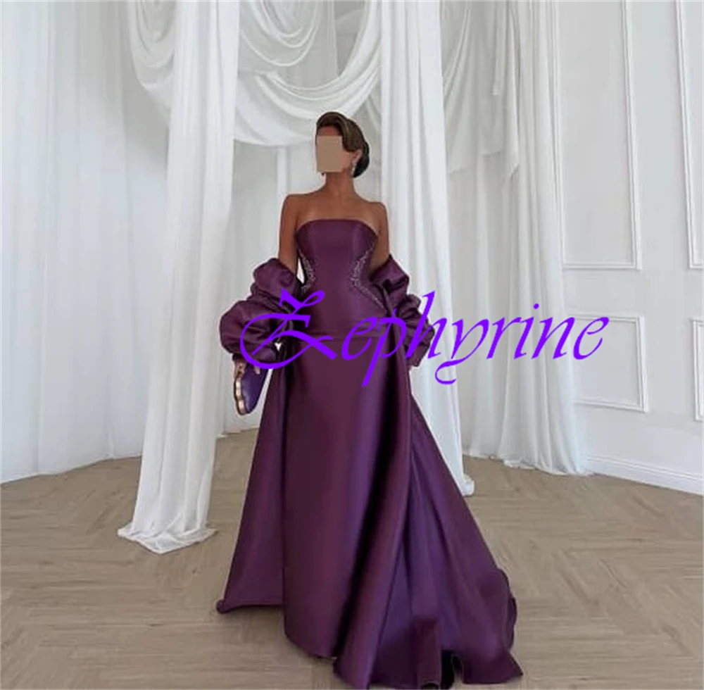 Customized Exquisite Off the Shoulder Detachable Sleeve 3/4 Sleeves Evening Dress High Quality Satin Backless Prom Dresses