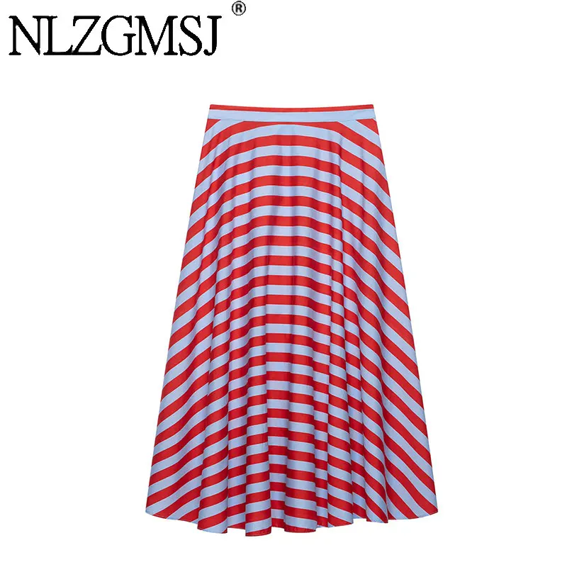 Nlzgmsj 2026 Sommer Eleganter Damenrock Rot-Blau Gestreift Midi-Rock Hohe Taille A-Linie Fließender Langer Rock Lässiger Urlaubsrock