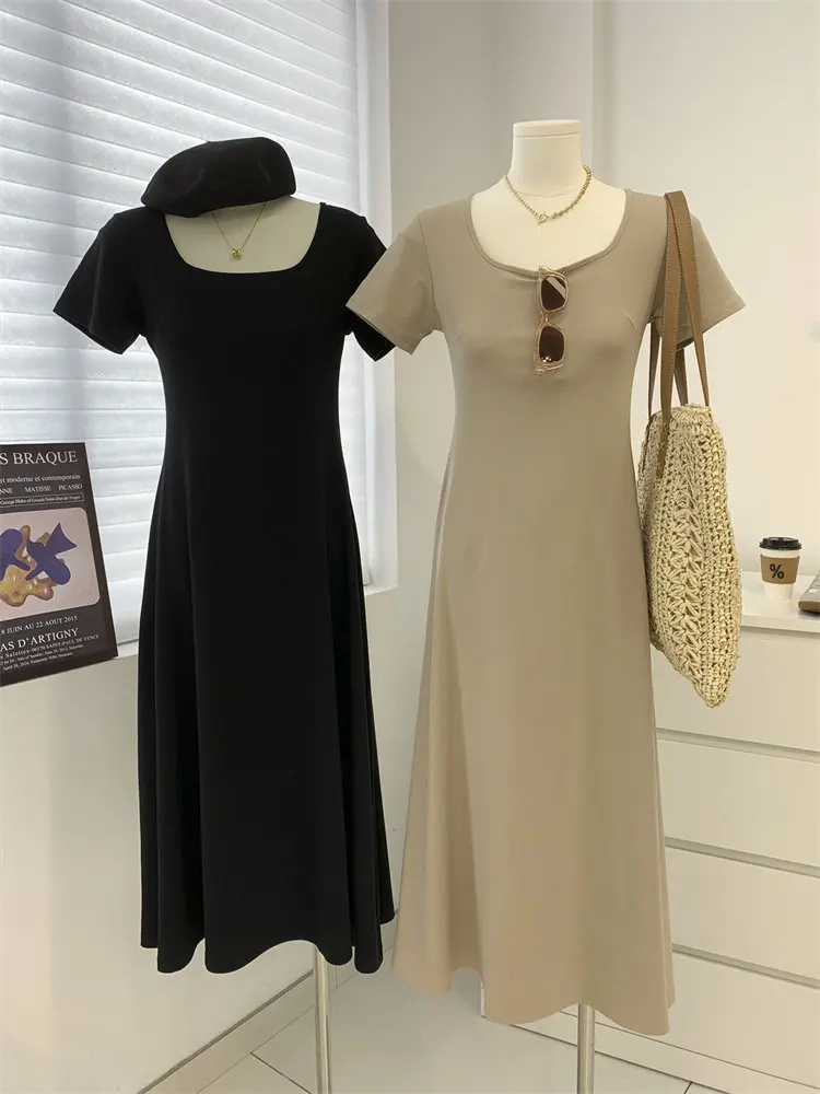 Robe longue française à col carré pour femmes, coupe cintrée, amincissante, en coton, jupe t-shirt à manches courtes, été