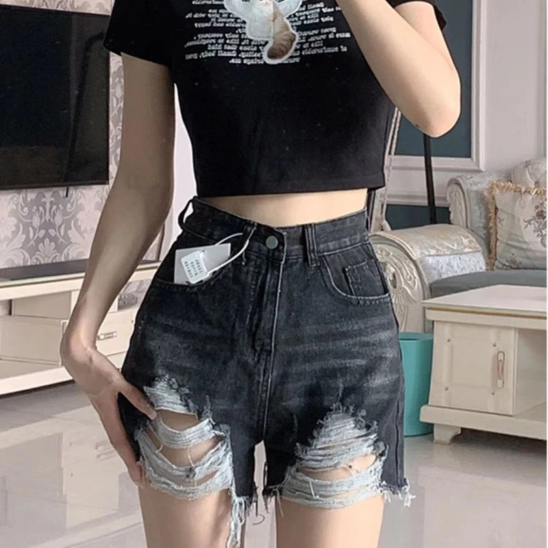 

Denim Shorts for Women with High Waist Ripped Hot Pants Wash Bristle Straight Legs to Show Long Legs