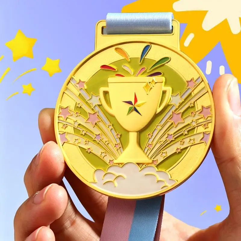 Gold Plated Award Medal With Exquisite Trophy: Pattern Comfortable Lanyard School Sports Kids Contests Award Ceremonies