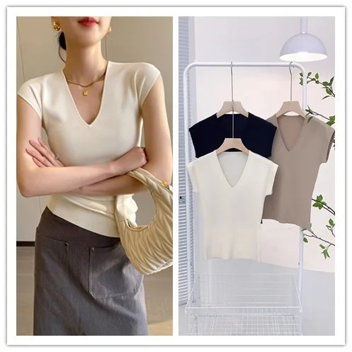 7065 Sommer Neues cremefarbenes V-Ausschnitt-Flatter-Slim-Fit-Kühles, atmungsaktives Kurzarm-T-Shirt im französischen Stil für Damen