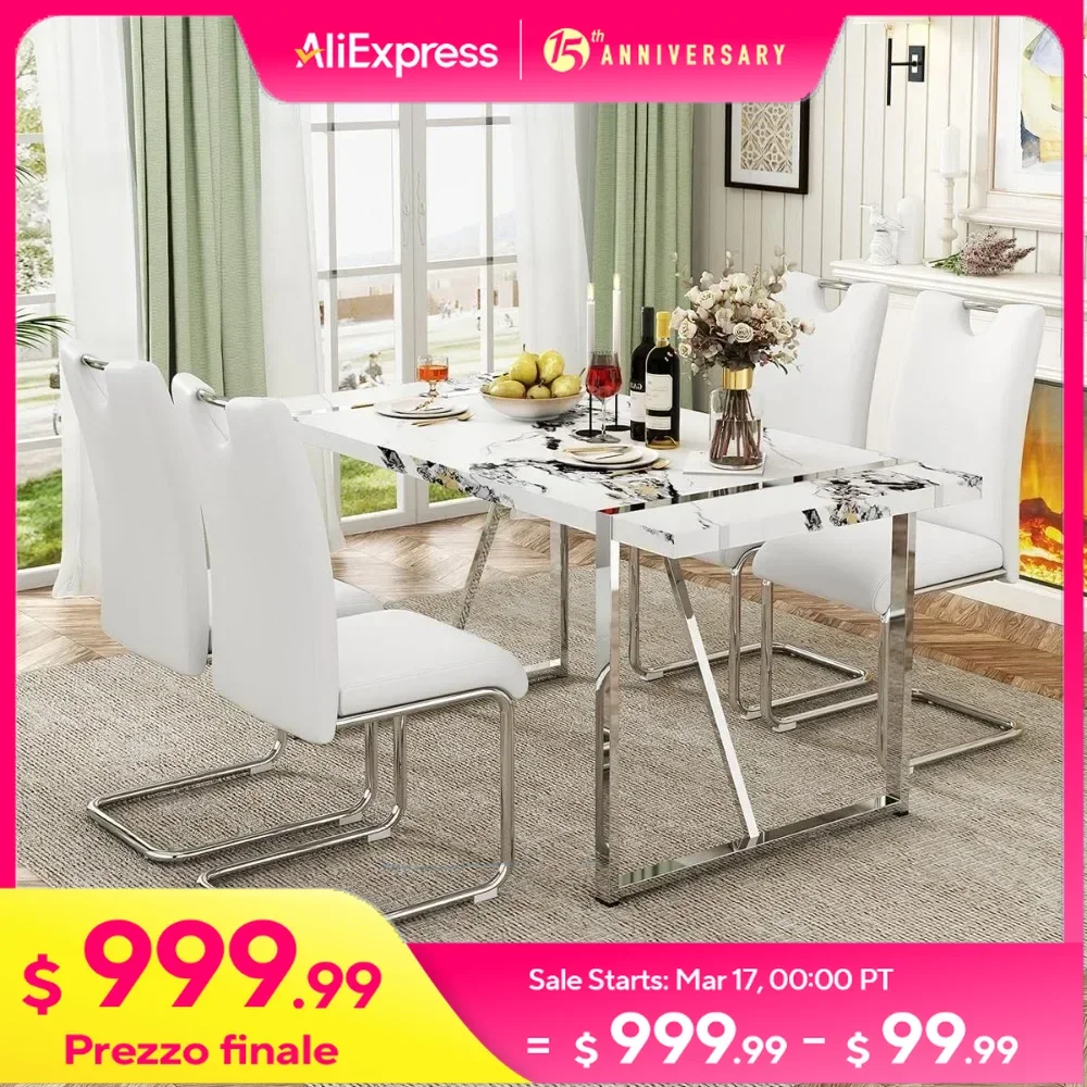 

Dining Table Set for 4, Rectangular Kitchen Tables and 4 Faux Leather Dinings Chairs, Modern 5 Pieces Dining Room Table Set