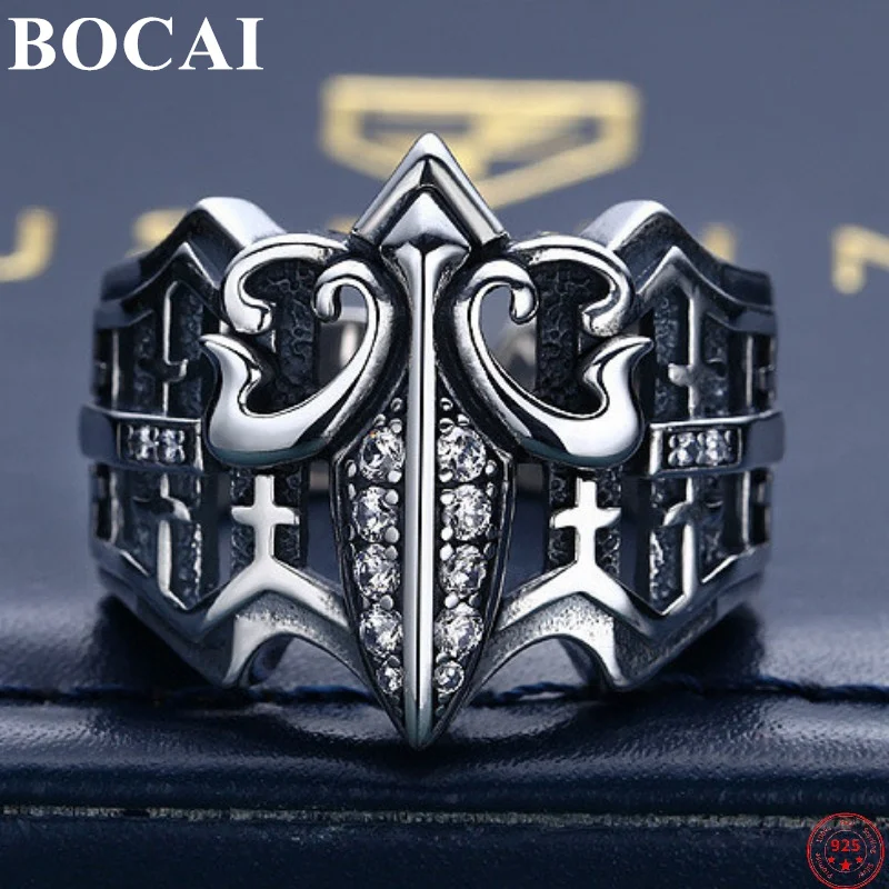 

BOCAI S925 Sterling Silver Rings New Fashion Eternal Vine Cross Zircon Adjustable Pure Argentum Hand Jewelry for Men