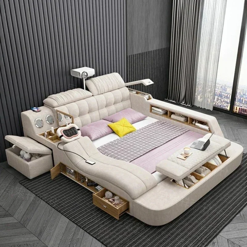 

Nordic Smart Modular Double Bed Master Storage Luxury Designer Double Bed Multifunctional Leather Camas Matrimonial Furniture