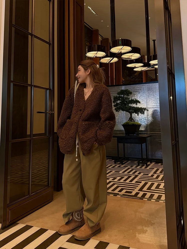 

MSKIN6 Korean Sle Women's Loose V-Ne Furry Coat Autumn Winter Warmth Conservation Thiened Long Sve Faionable