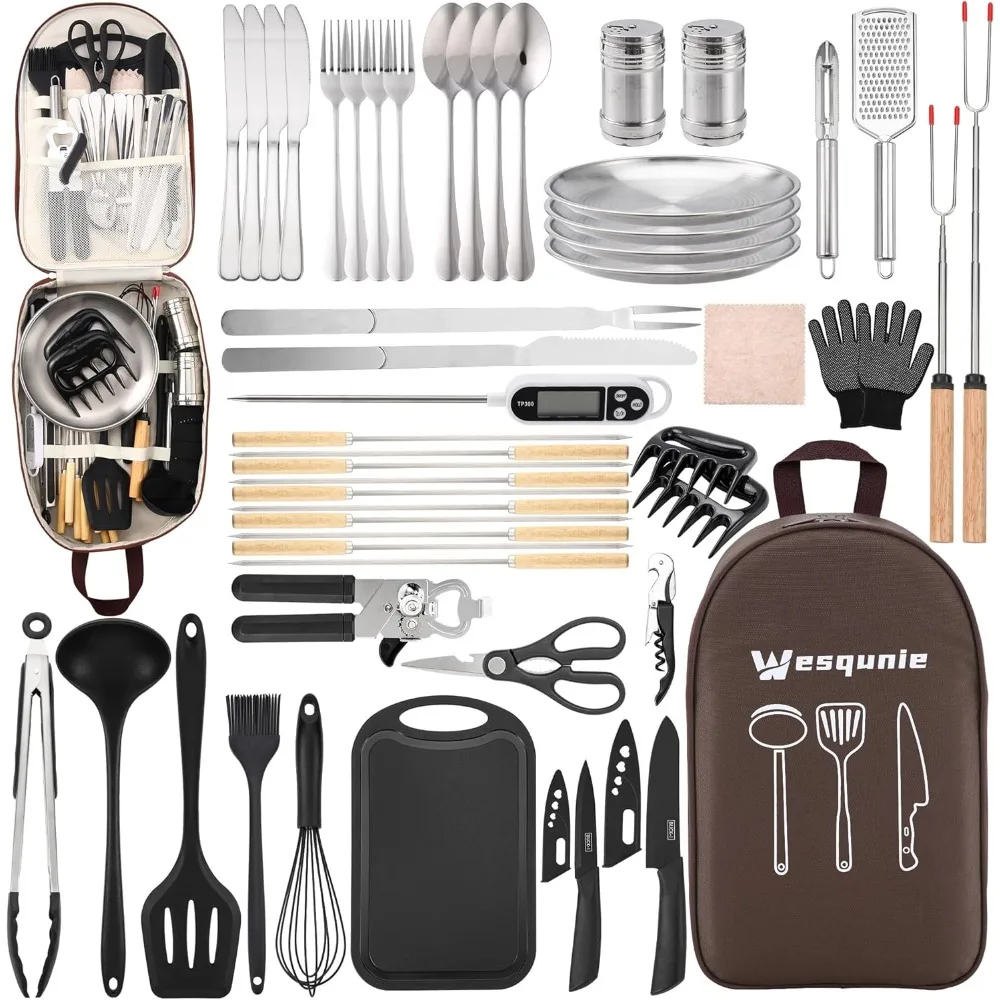 

Camping Essentials Cookware Cooking Utensils Set - Portable Camp Kitchen Mess Kit Outdoor Accessories, Stainless Steel & Silicon