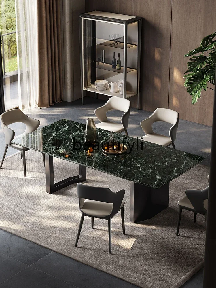 

Natural large flower green luxury stone dining table light luxury dining table modern villa home marble dining table and chairs