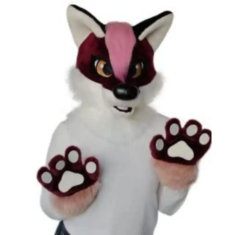 Wolf Fursuit Head and Handpaws Burgundy/White Furry Mascot Section for Teens Age 9-15 Celebration Coswear for Both Men and Women