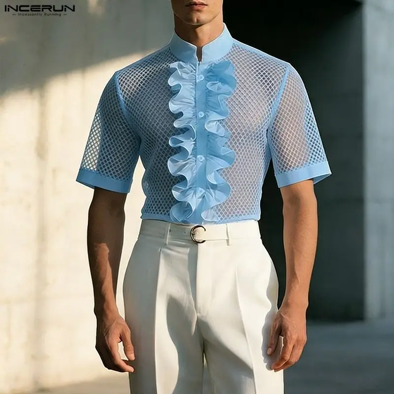 INCERUN Men's Shirt Mesh Patchwork See Through Ruffle Men Clothes Short Sleeve Camisa Fashion Casual Tops Shirts For Man Summer