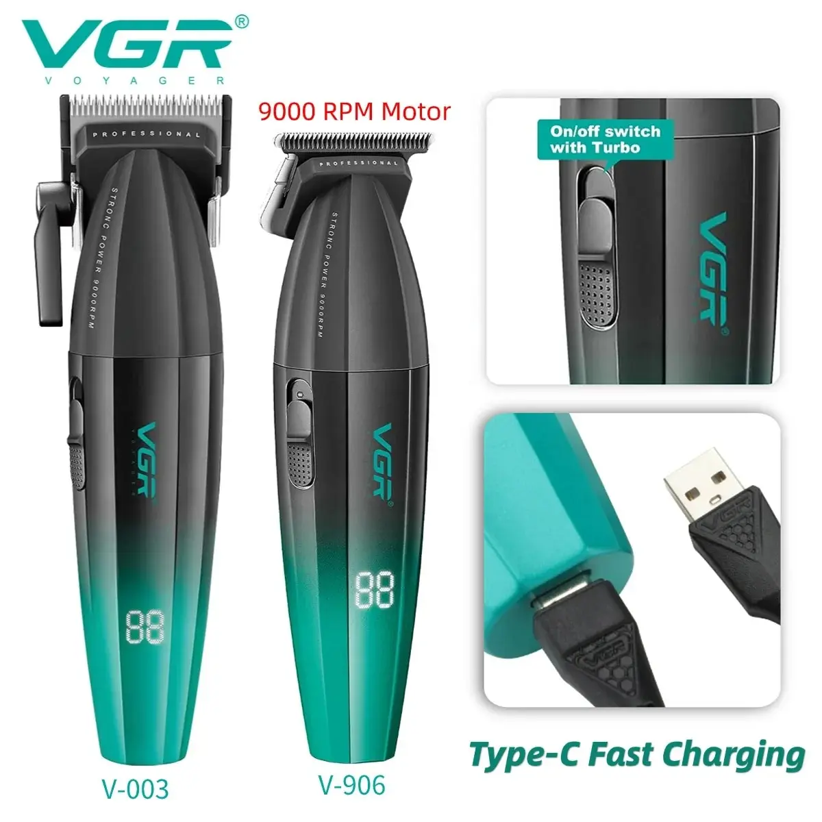 Vgr-男性用コードレスヘアトリマー,プロのバリカン,ヘアカット機,9000 rpm,V-003, V-906,