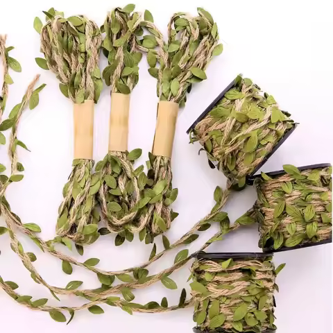 Simulation Green Leaves Weaving Hemp Rope and Natural Burlap Ribbon Fabric DIY for Wedding Home Garden Jungle Safari Party Decor