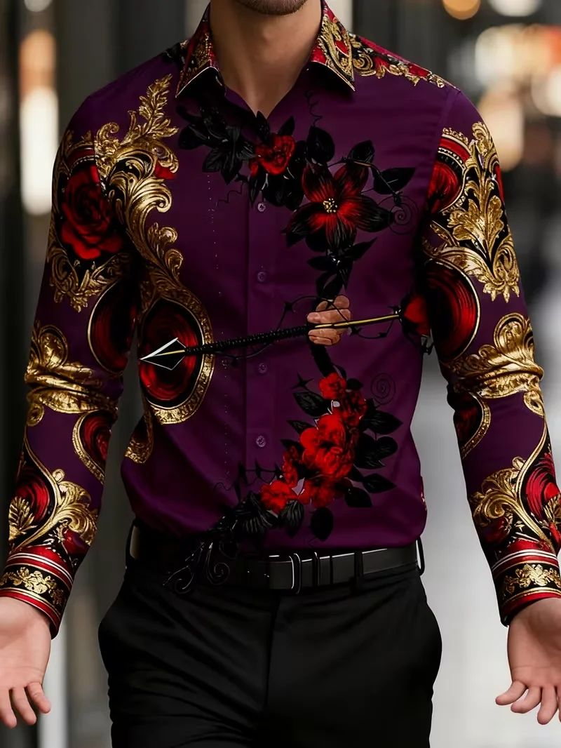 Retro Men's Floral Western Style Long Sleeved Shirt with 3D Ethnic Print Design, Retro Button Neck Casual Top
