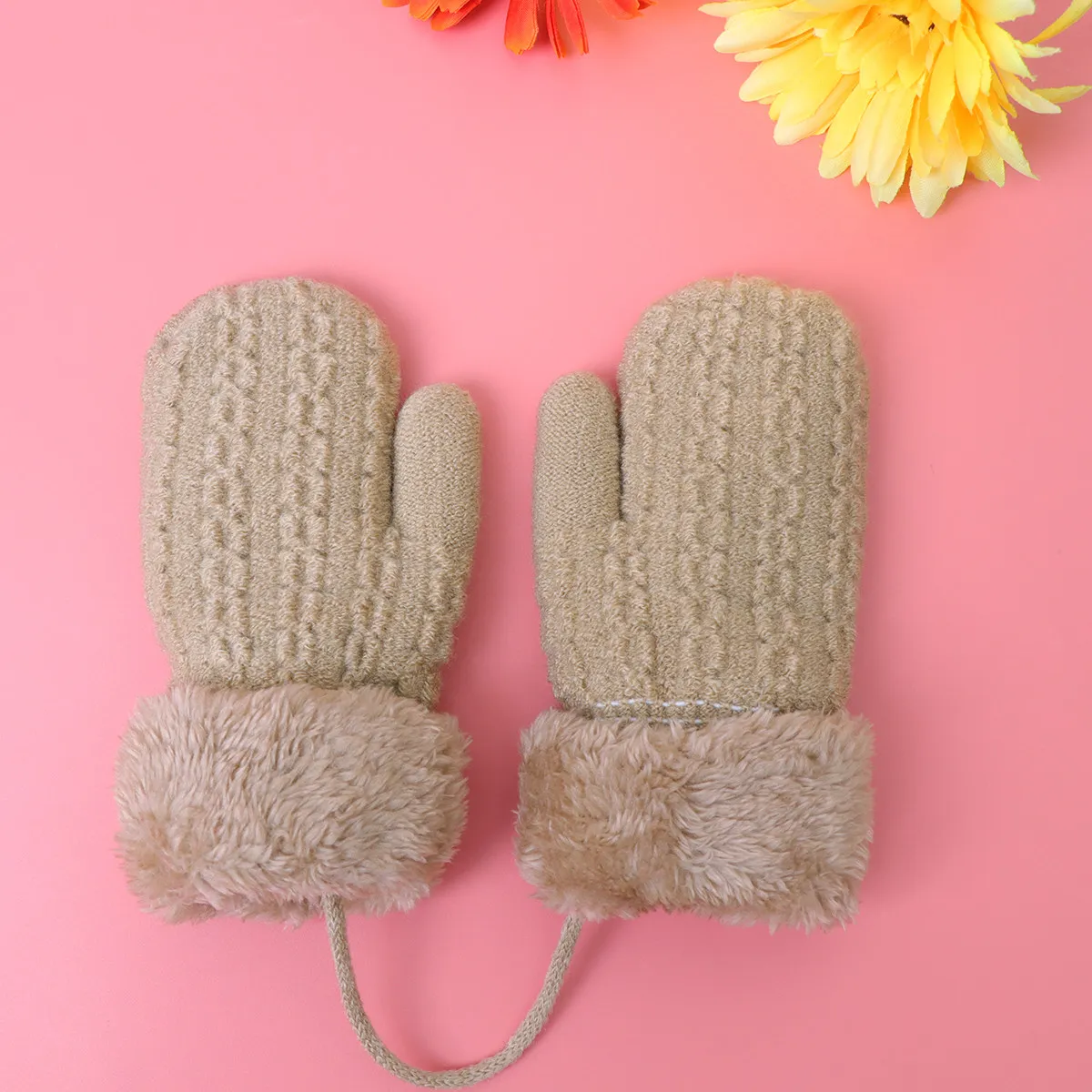 

Kids Winter Warm Gloves 1-4 Years Old Knitted Double Layer Beige Hanging Design For Cold Weather Protection