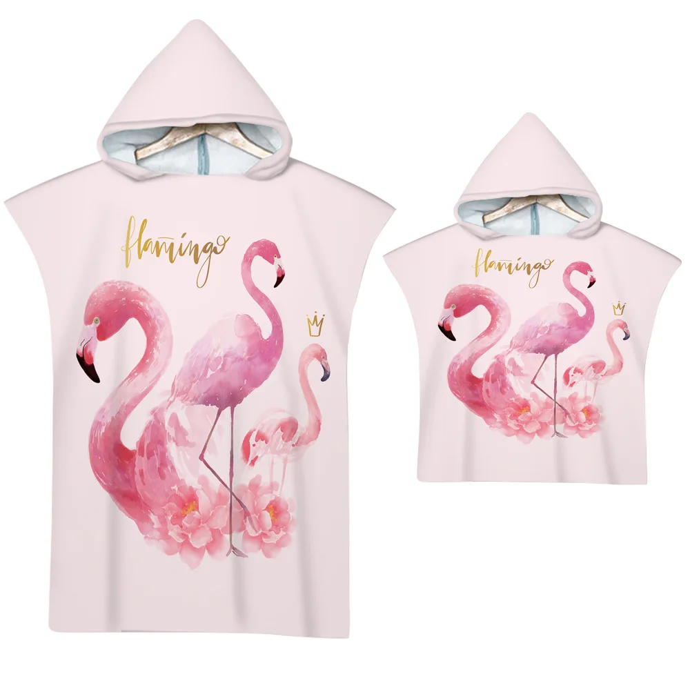 Flamingo Hooded Cloak Pink Quick Dry Large Beach Bath Towel Microfiber Wetsuit Adult Child Parent-Child Changing Poncho Bathrobe