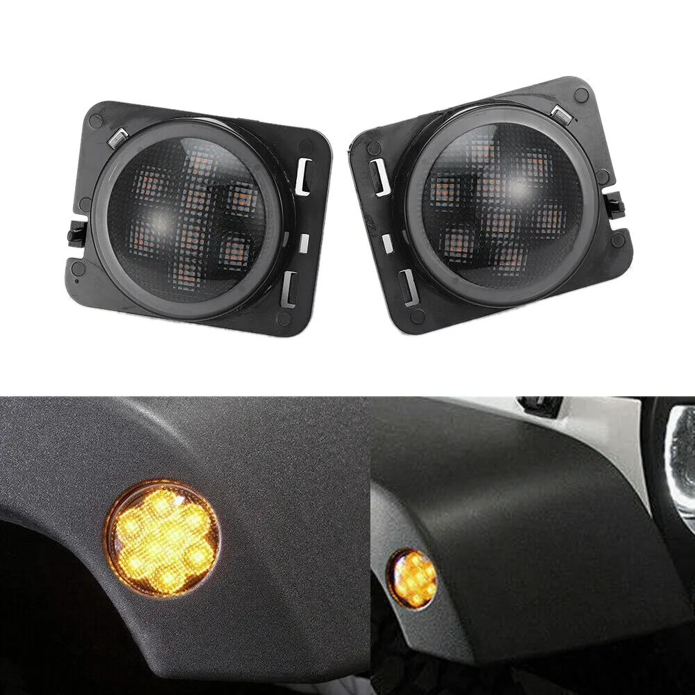 1Pair Car Front Fender LED Side Marker Turn Signal Light Smoke Lens for Jeep Wrangler JK 2007-2018