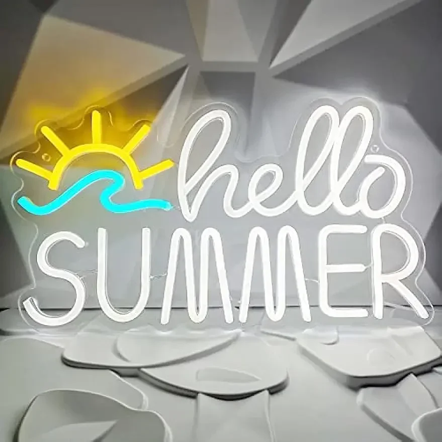 

Hello Summer Neon Sign Tropical Summer Sunrise Neon Lights for Livingroom Bedroom Party Wall Decor Birthday Signs Friends Gift