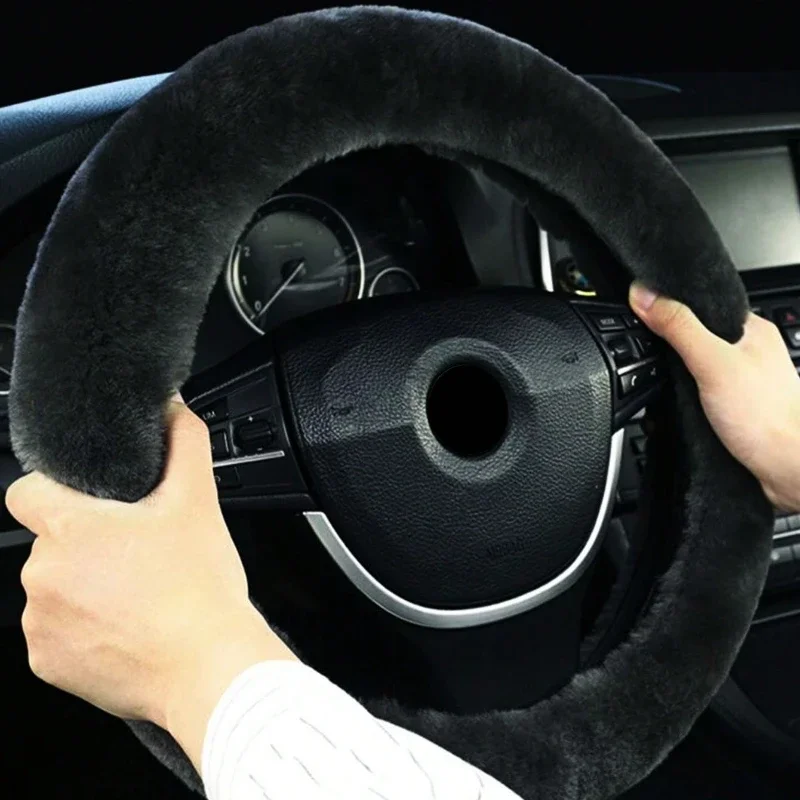 Winter plush warm black steering wheel cover without inner ring, anti-slip soft and comfortable, thickened plush handlebar cover