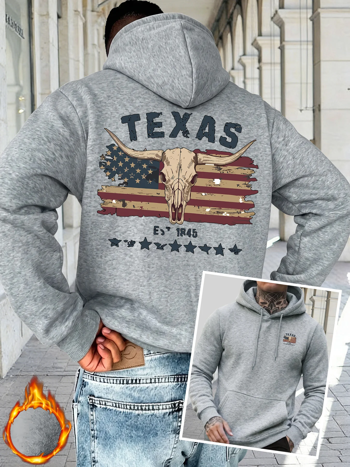 Herren Texas Longhorn Skull Sport-Hoodie Vintage Amerikanische Flagge Print Oversized Pullover Kapuzenpullover Herbst Winter – Detail 4