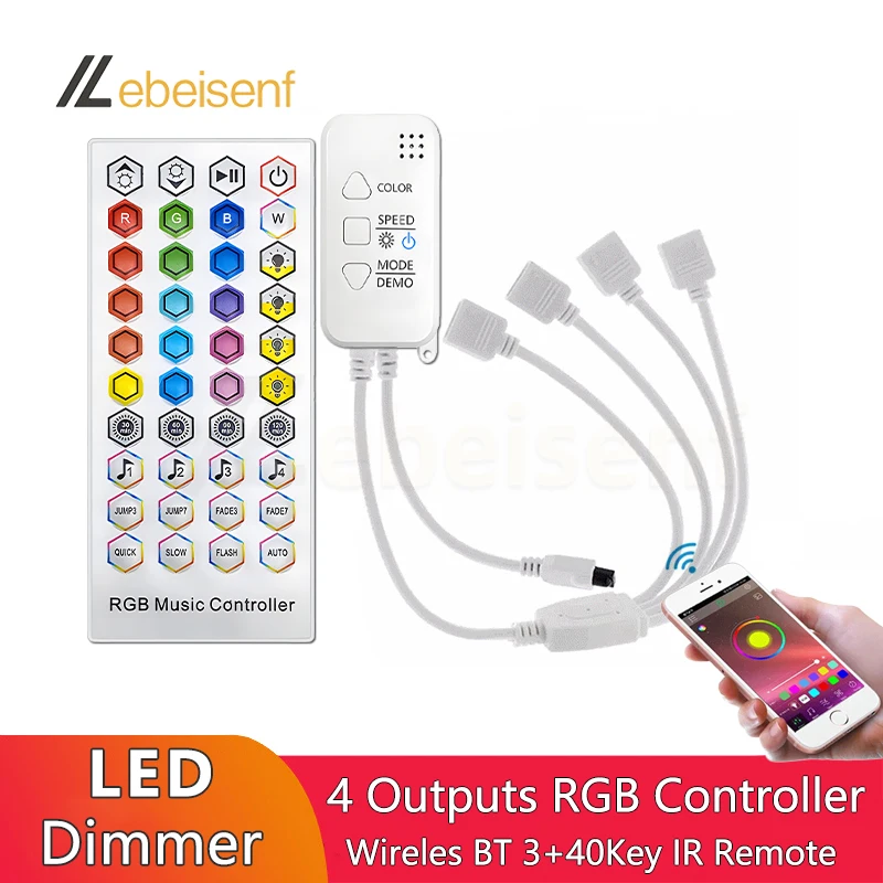 1-4 Output Bluetooth RGB Colorful LED Dimmer Controller Music Timing Mode with 40 Keys IR Remote Control for 5050 2835 Light Bar