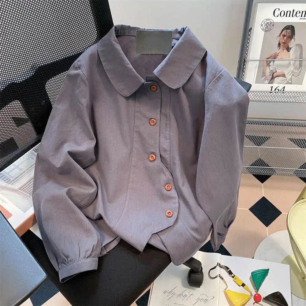 Women Purple Shirts Blouses Harajuku Vintage Y2k 90s Aesthetic 2000s Japanese Long Sleeve Polo-Neck Shirt Fashion Clothes 2025