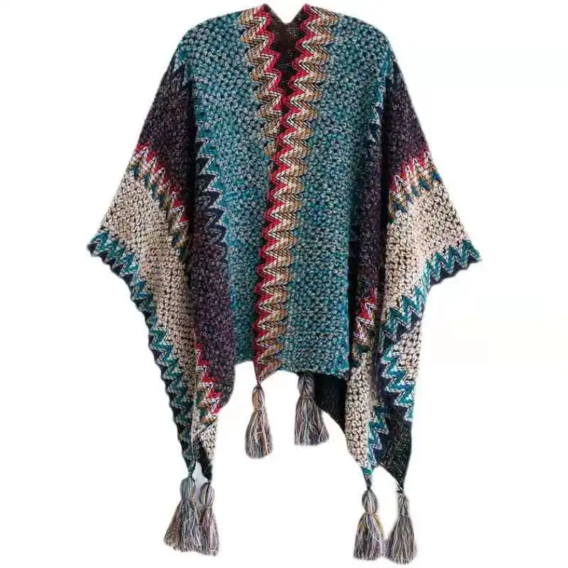 

Poncho Knitted Cloak Knitted Cape Ethnic Style Capes Tassel Cardigan Sweater Color Loose Vintage Striped Women Travel Coat