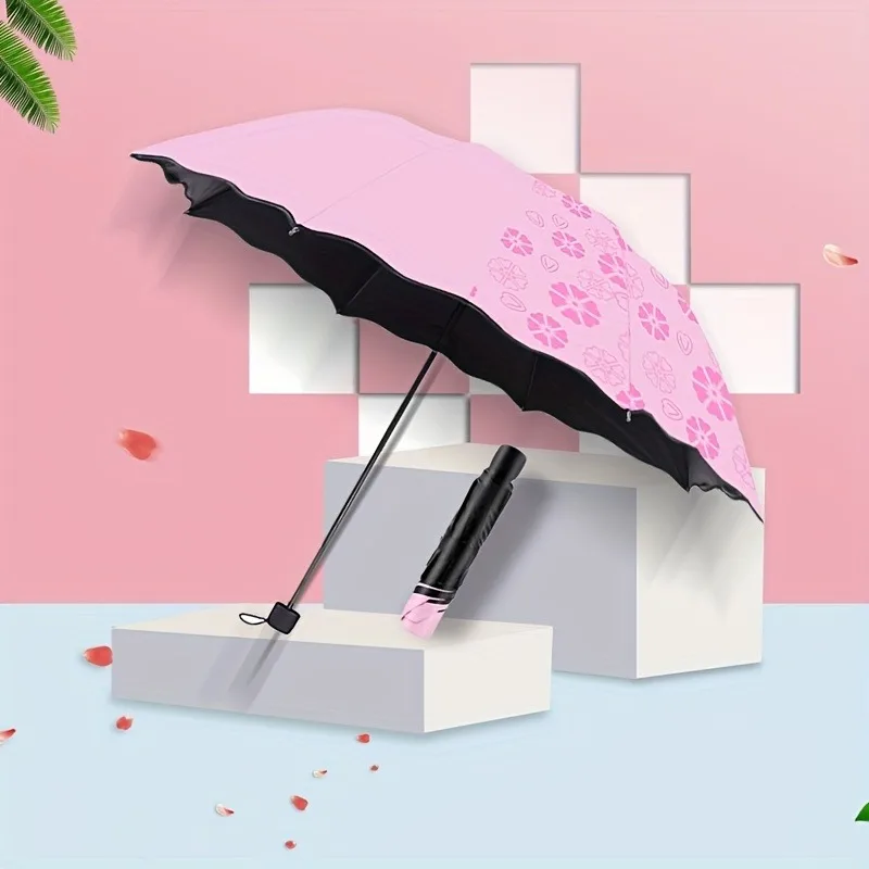 Manual Folding Umbrella 8-Ribs Compact Portable, 190T Polyester Canopy with Color-Changing Design, Lightweight for Walking