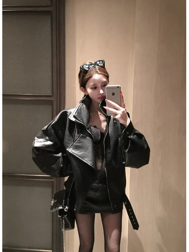 Americano retro slized biker jaet feminino início do outono novo casaco de couro bla high-end versátil zíper sve casaco longo