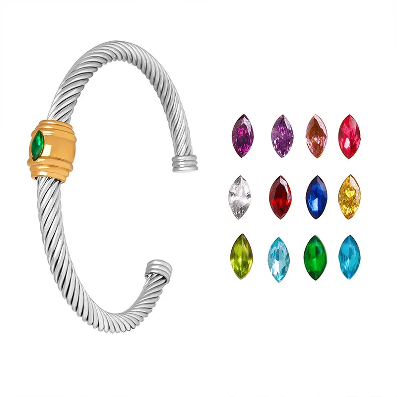 Cuff Bangle Cubic Zircon Stone  Stainless Steel Rhodium Plated Size Adjustable Cuff Bracelet Girl Fashion