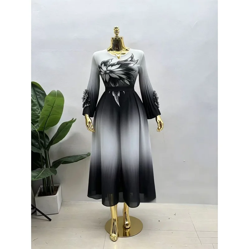 Plus Size Women's Autumn Winter Floral New Collection Fashionable Long Sleeve Printed Pleated Casual Maxi Dresses Birthday Gown