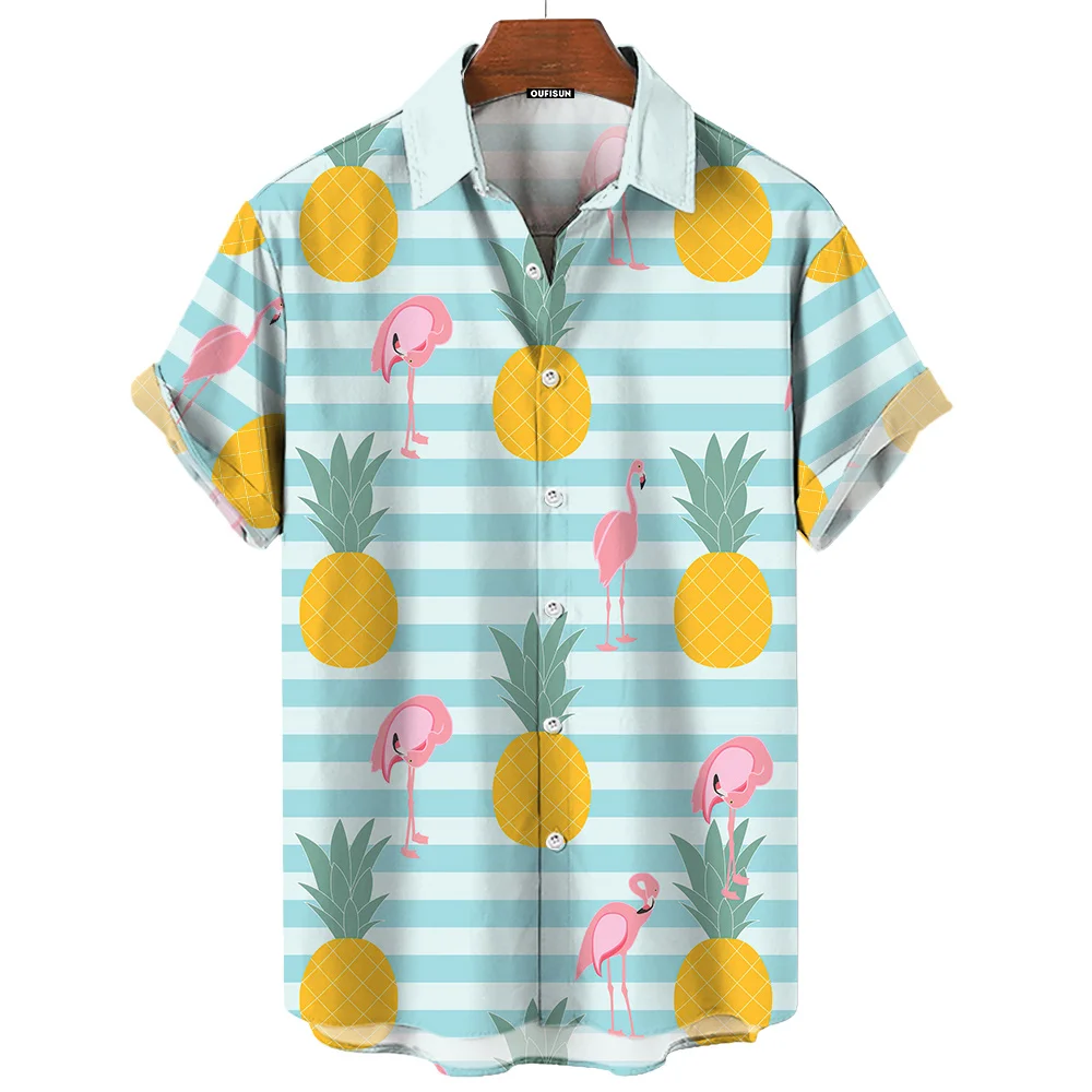 Camisas hawaianas con estampado gráfico de piña para hombre, Tops de manga corta de gran tamaño, estilo de sol brillante, solapa, Verano