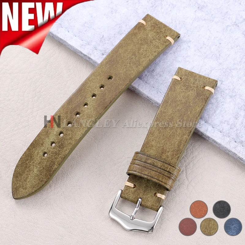 20mm 22mm Bracelet for Seiko Vintage Genuine Cowhide Watch Band Hand Stitching Leather Strap for Omega Men Women for SmartWatch