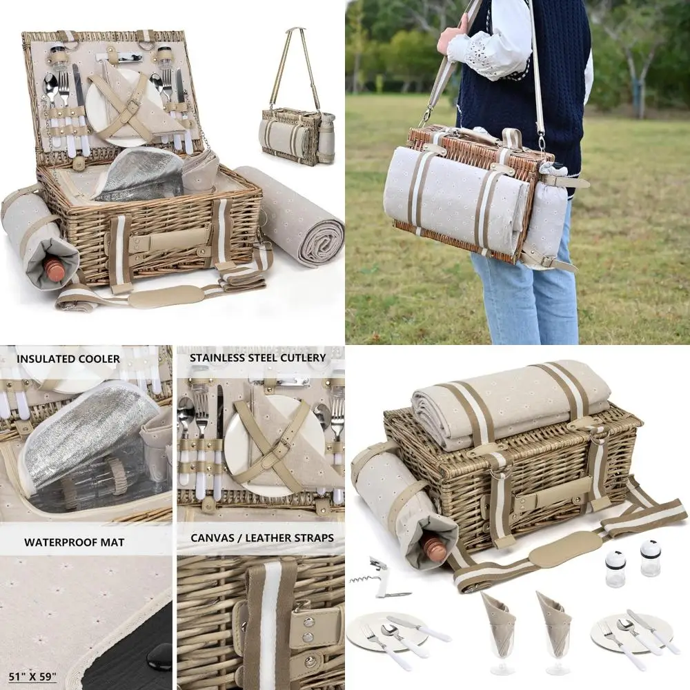 

Большая плетеная корзина для пикника на двоих с изолированным вкладышем и водонепроницаемым одеялом, идеально подходящая для кемпинга и столовой на открытом воздухе