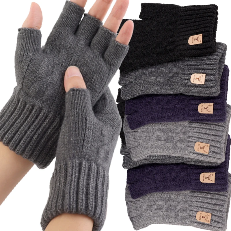 Writting Office Half Finger Gloves Men Women Winter Cashmere Knitted Thick Thermal Fingerless Gloves Solid Warm Driving Mittens