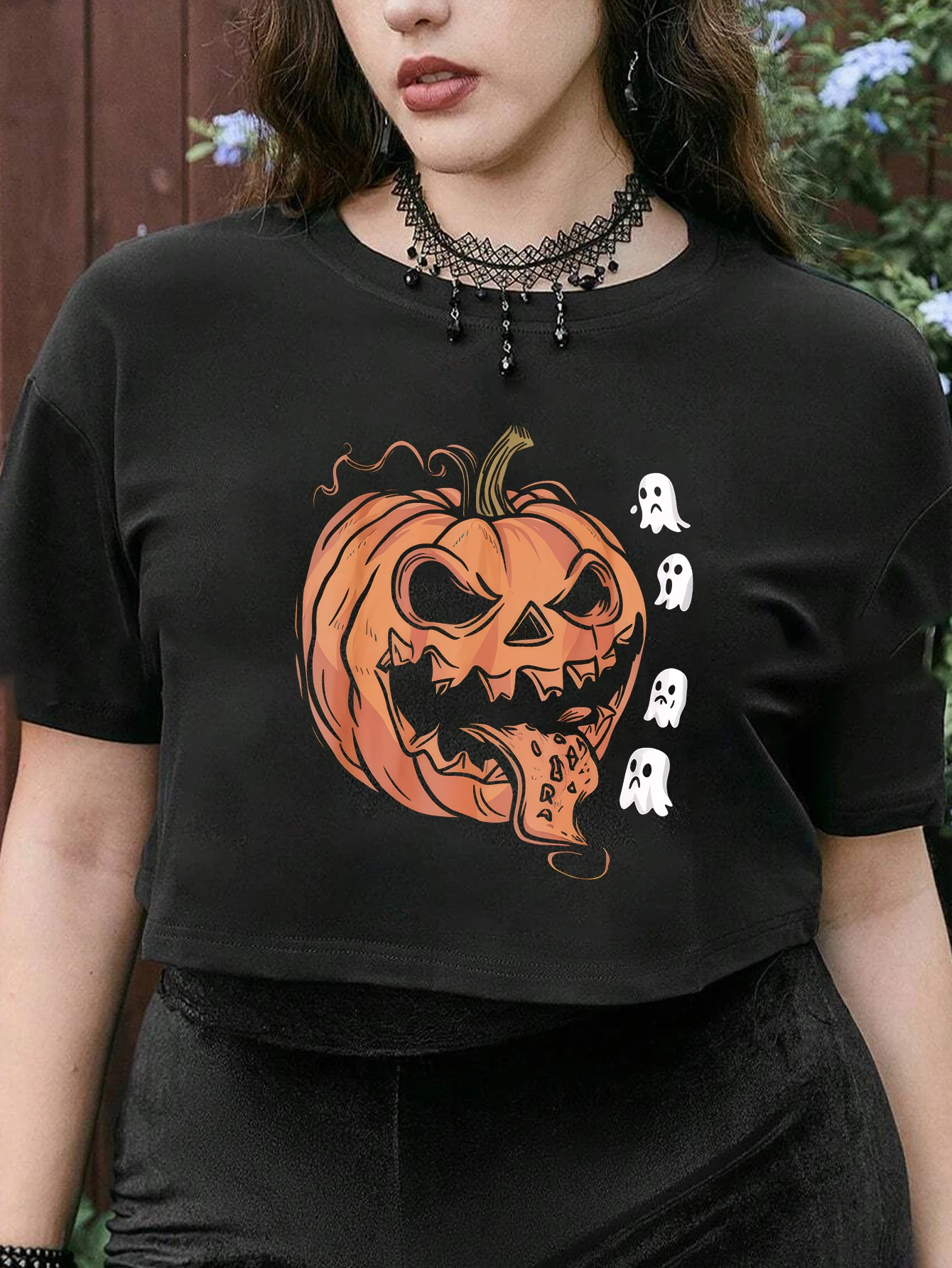 

Halloween Pumpkin Ghost Print Short Sleeved Casual Women New Crop Top Round Neck Women Graphical Female Summer Crop T Shirt