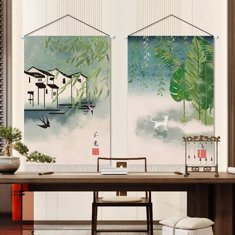 VIKAMA New Chinese Landscape Scroll Tapestry Oriental Willow Swallow Hanging Cloth Living Room Bedroom Home Decor