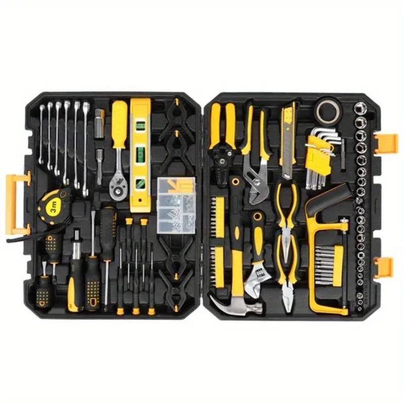 Kit de Ferramentas de Reparação Automotiva Durável, Versátil, Essencial para Trabalhos Mecânicos, Equipamento Profissional, Preto e Amarelo, 198PCs