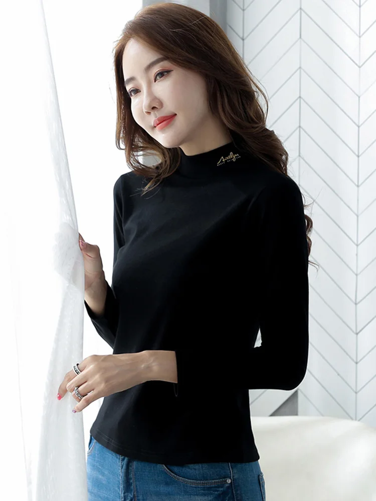 New Women Half High Collar Bottomming Shirt Autumn Winter Fashion Soft Sanded Long Sleeve Slim T-shirt Simplicity Basic Pullover