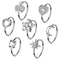 Zircon Moon Crown Heart Piercing Nose Ring for Men Women Vintage Punk Twist Nose Hoop Spiral Nose Ring Earrings Jewelry