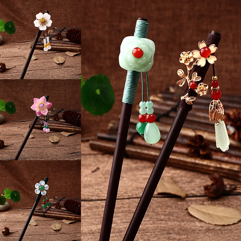 Tassel Step Shaking Hairpin Chopstick Hair Stick Women Chinese Style Hair Ornament Pan Hair Headdress Flower Hair Accessories