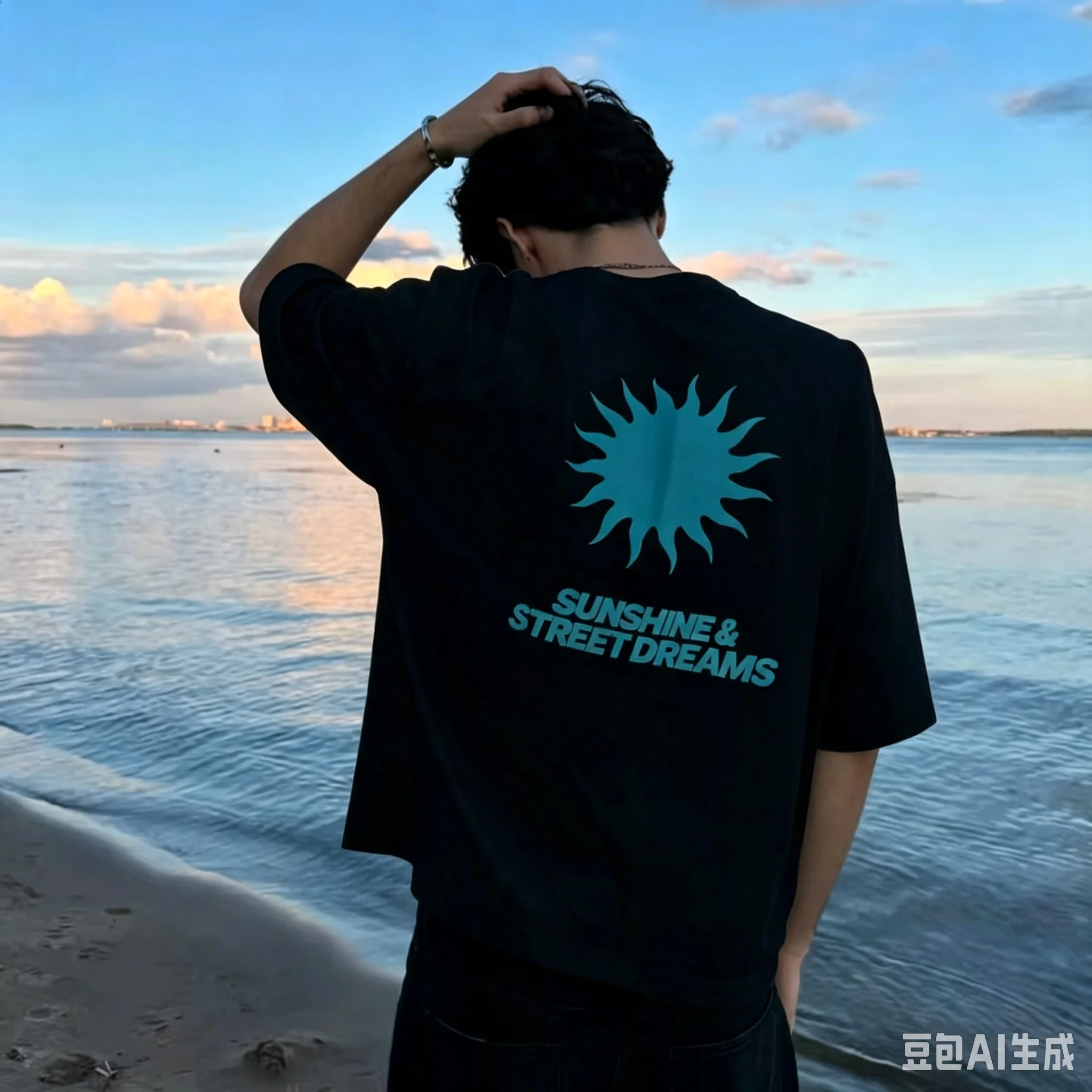 2026 Men Oversized Short Sleeve T‑Shirt Sun Print Back Tee Sunshine Street Dreams Casual Loose Streetwear T‑Shirt For Men